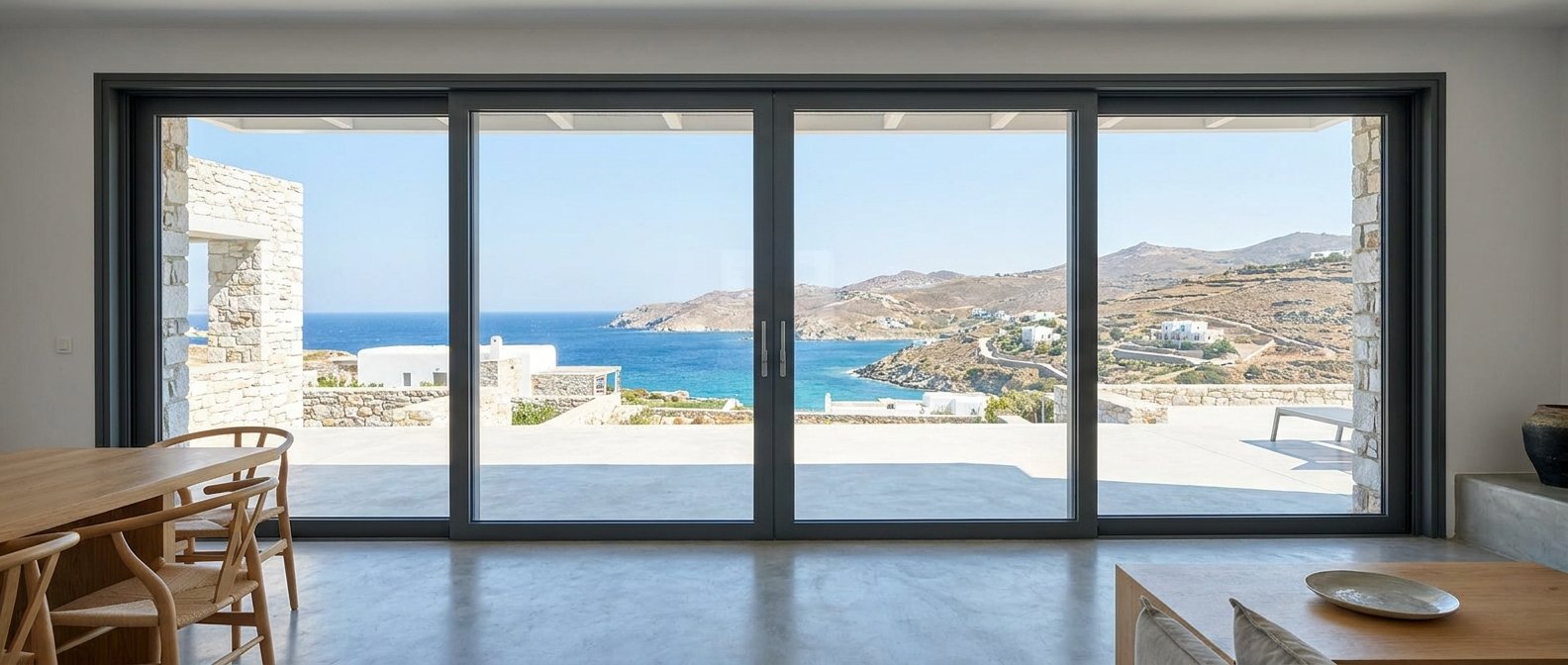 Μεγάλα συρόμενα αλουμίνια με σωστό πάχος ενεργειακών τζαμιών