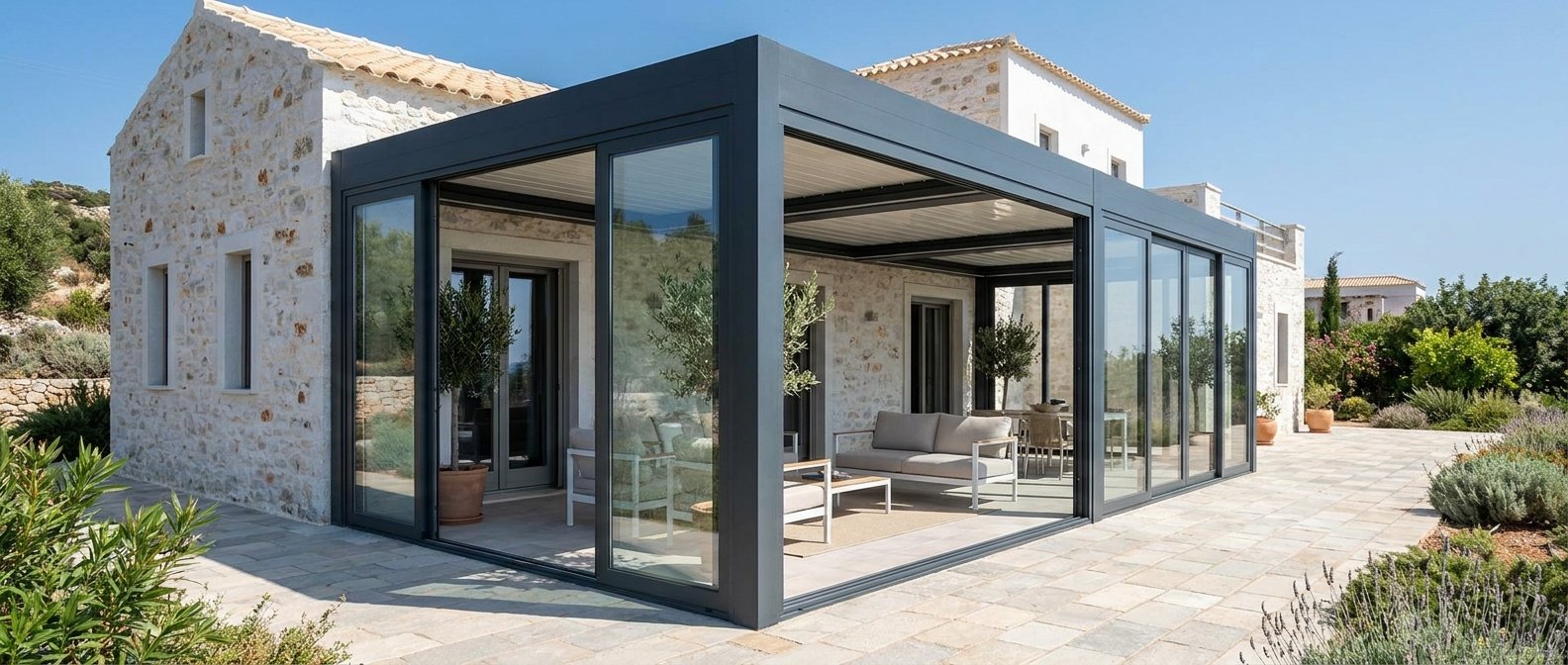 Θερμοδιακοπτόμενο κλείσιμο ημιυπαίθριου με αλουμίνια και υαλοπίνακες
