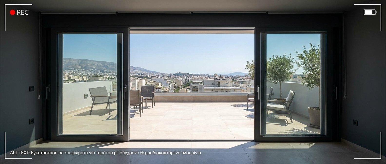 Εγκατάσταση σε κουφώματα για ταράτσα με σύγχρονο θερμοδιακοπτόμενο αλουμίνιο.