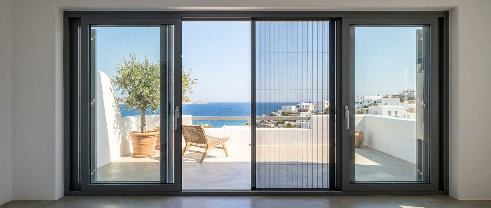 Σύγχρονες σίτες πλισέ ή κάθετες σε μπαλκονόπορτα αλουμινίου.